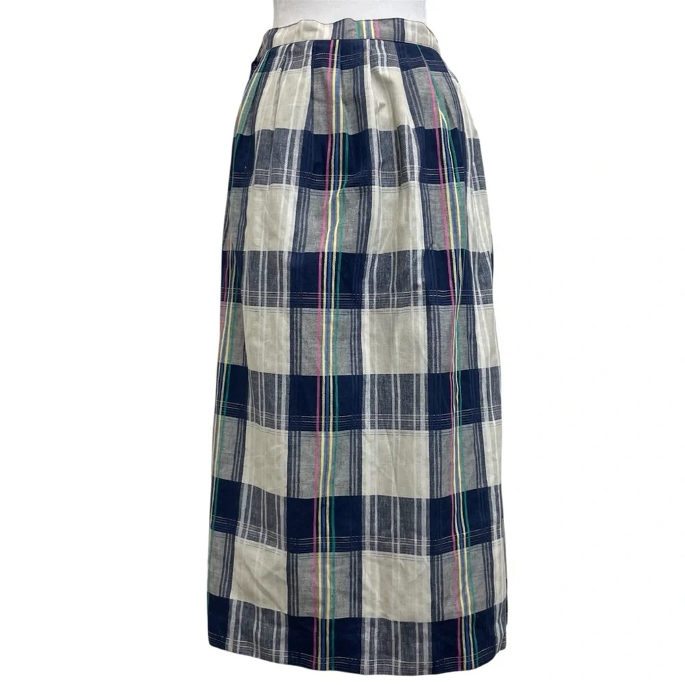 Celeste Sport Vintage Mod Style Linen Blend Plaid Button Side Midi Skirt